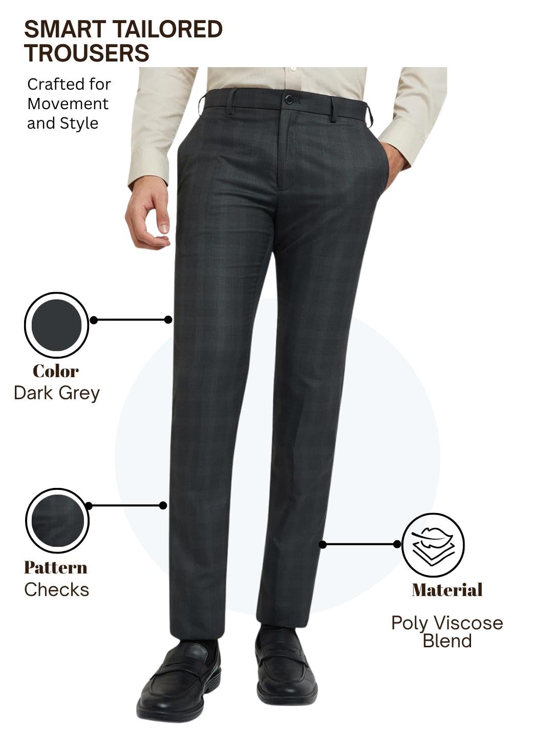 Raymond Men's Slim Fit Formal Trousers, Poly Viscose Blend, Checked Pattern, Flat Front | Dark Grey