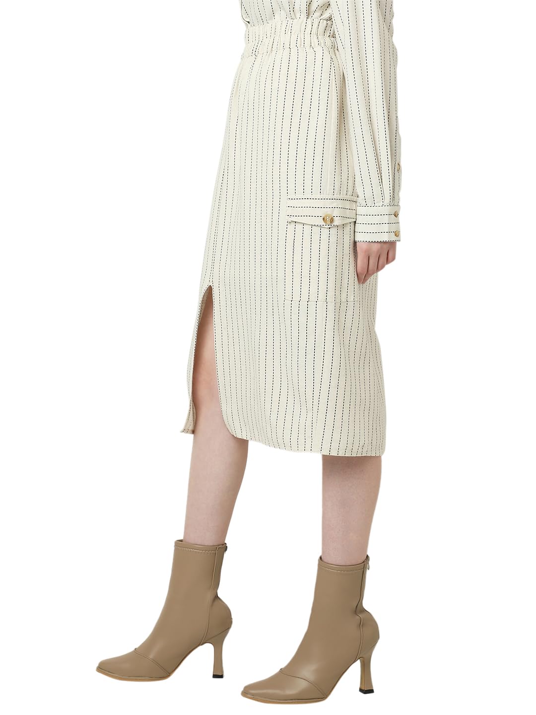 VERO MODA Women Striped Beige Cotton Straight Fit Midi Length High Rise Skirt
