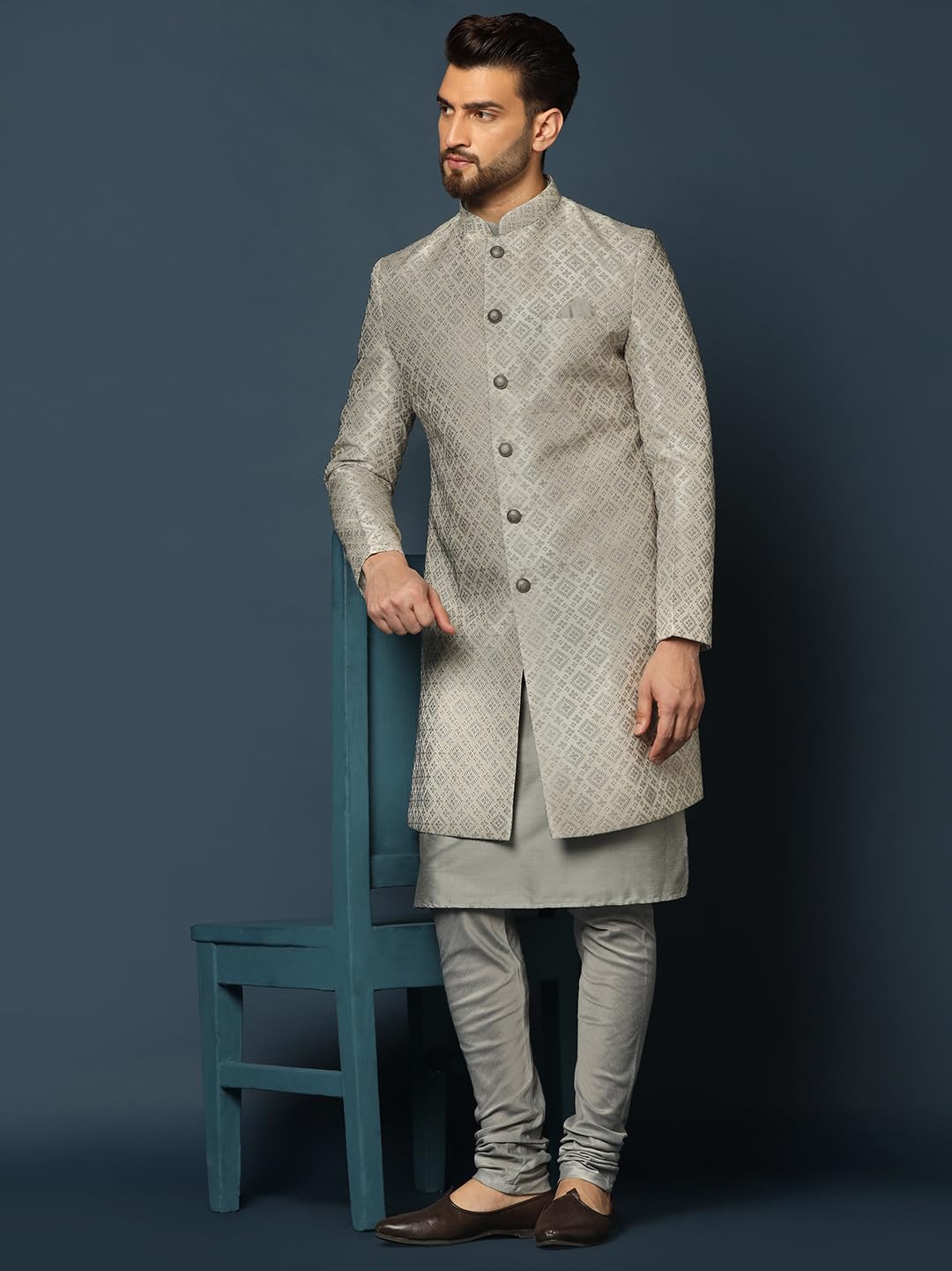 KISAH Men's Grey Indo-Western Kurta Sherwani Churidar Set (Set of 3), Cotton Full Sleaves, Knee Length, Straight, Regular Fit, Mandarin Collar Ethnicwear