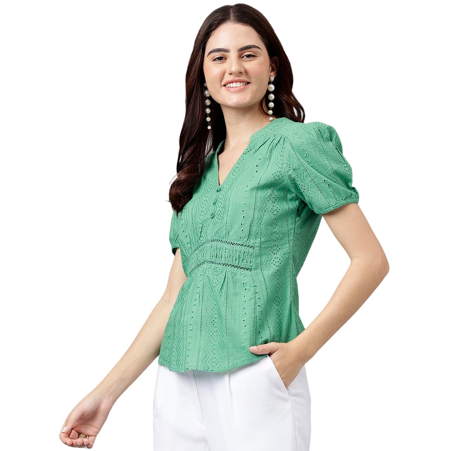 Latin Quarters Women's Green Solid Cotton Blouse
