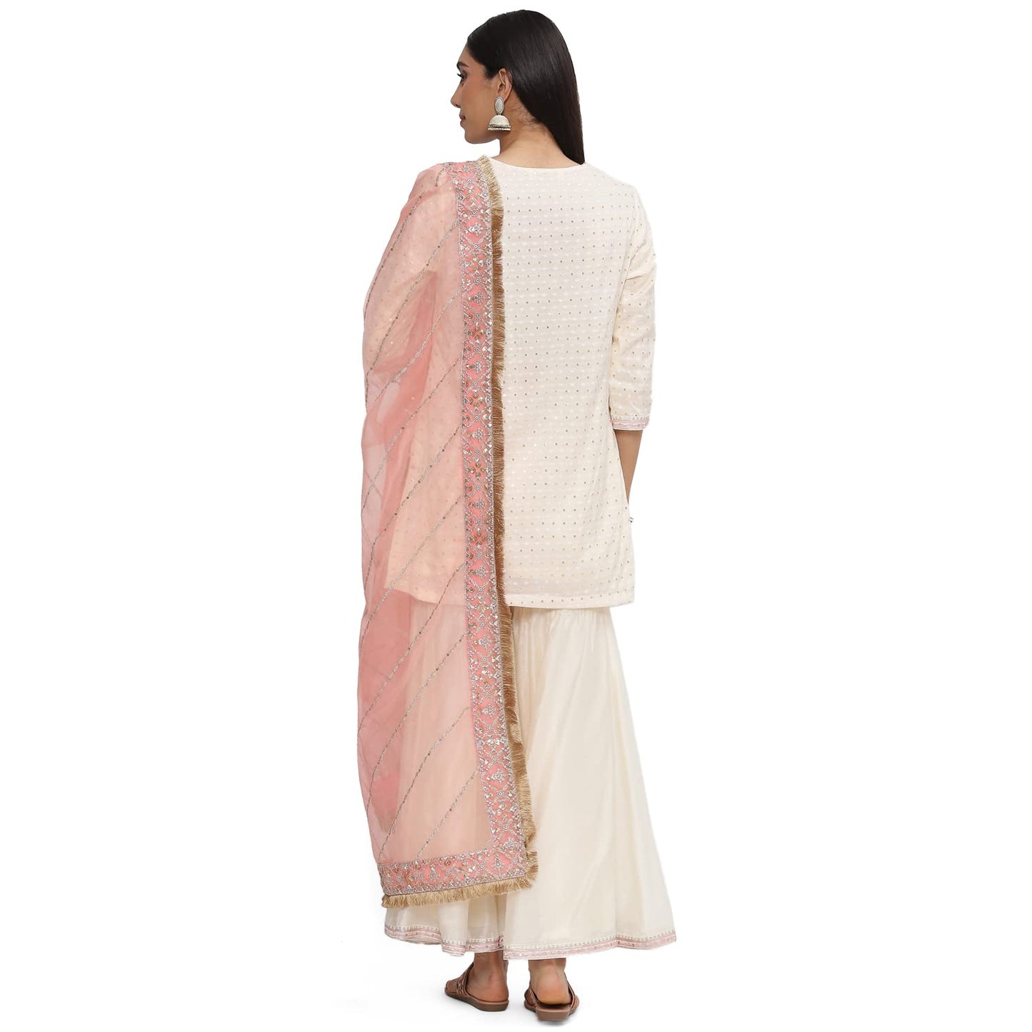 BIBA WOMEN EMBROIDERY RELAXED SALWAR KURTA DUPATTA(SKDKIRAN8471_OWHT/BLUSH PNK_32)