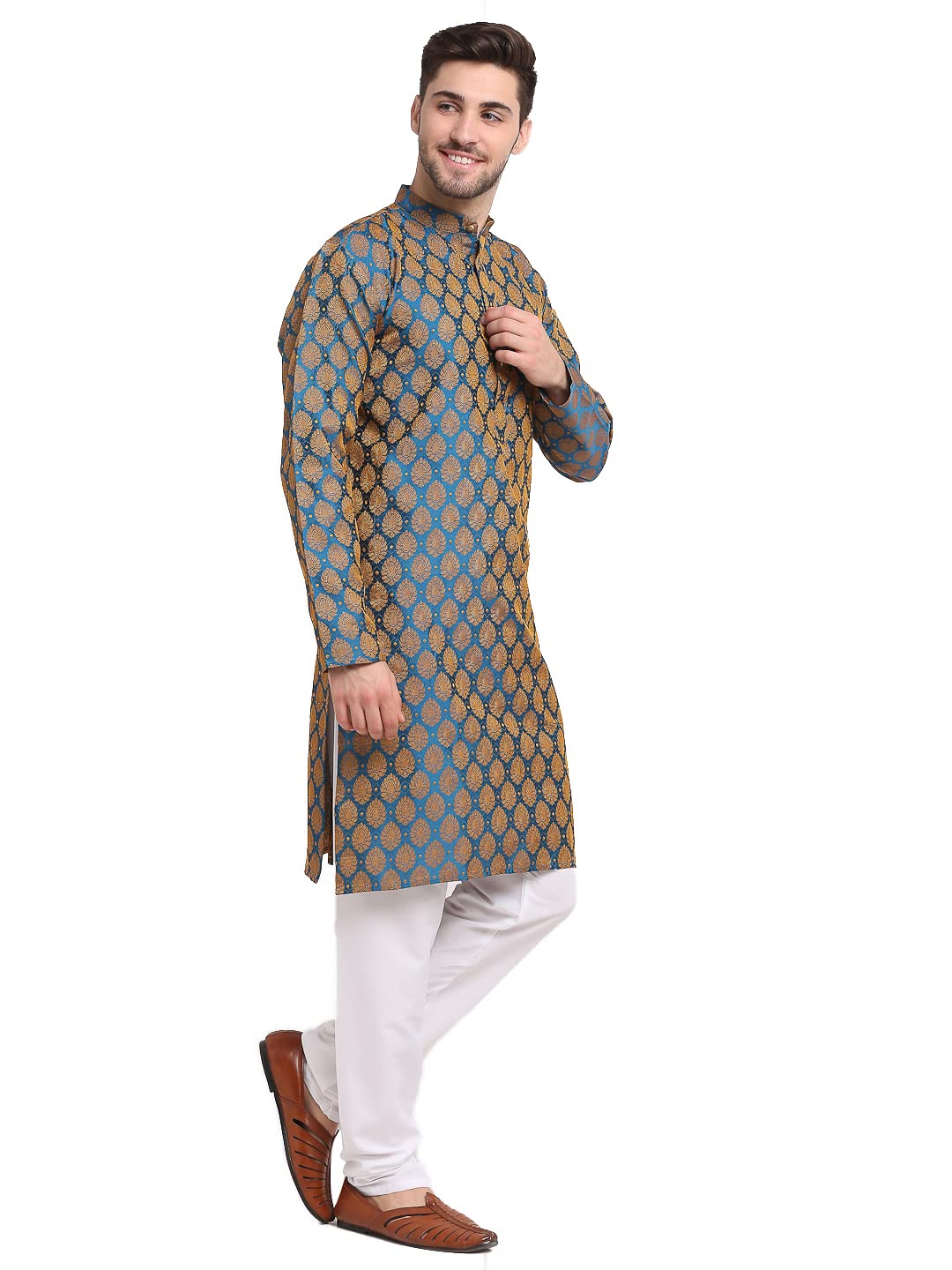 Jompers Men Green Jacquard Woven Design Kurta Pyjama. (Blue, M)
