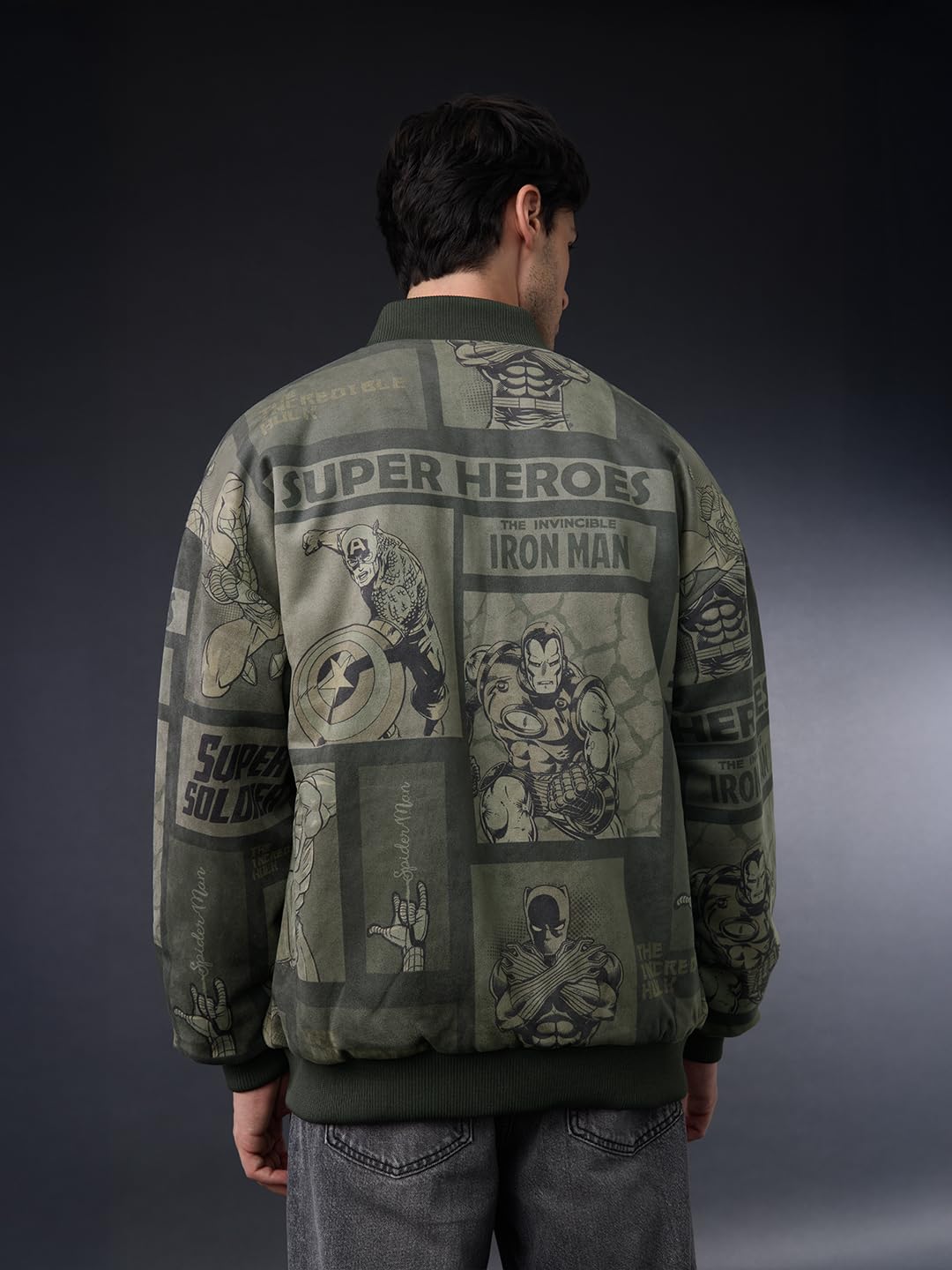 The Souled Store Marvel: Heroes Assemble Men and Boys Full Sleeves Round Neck Dark Green Graphic Printed Polyester Regular Fit Lightweight Reversible Bomber Jacket