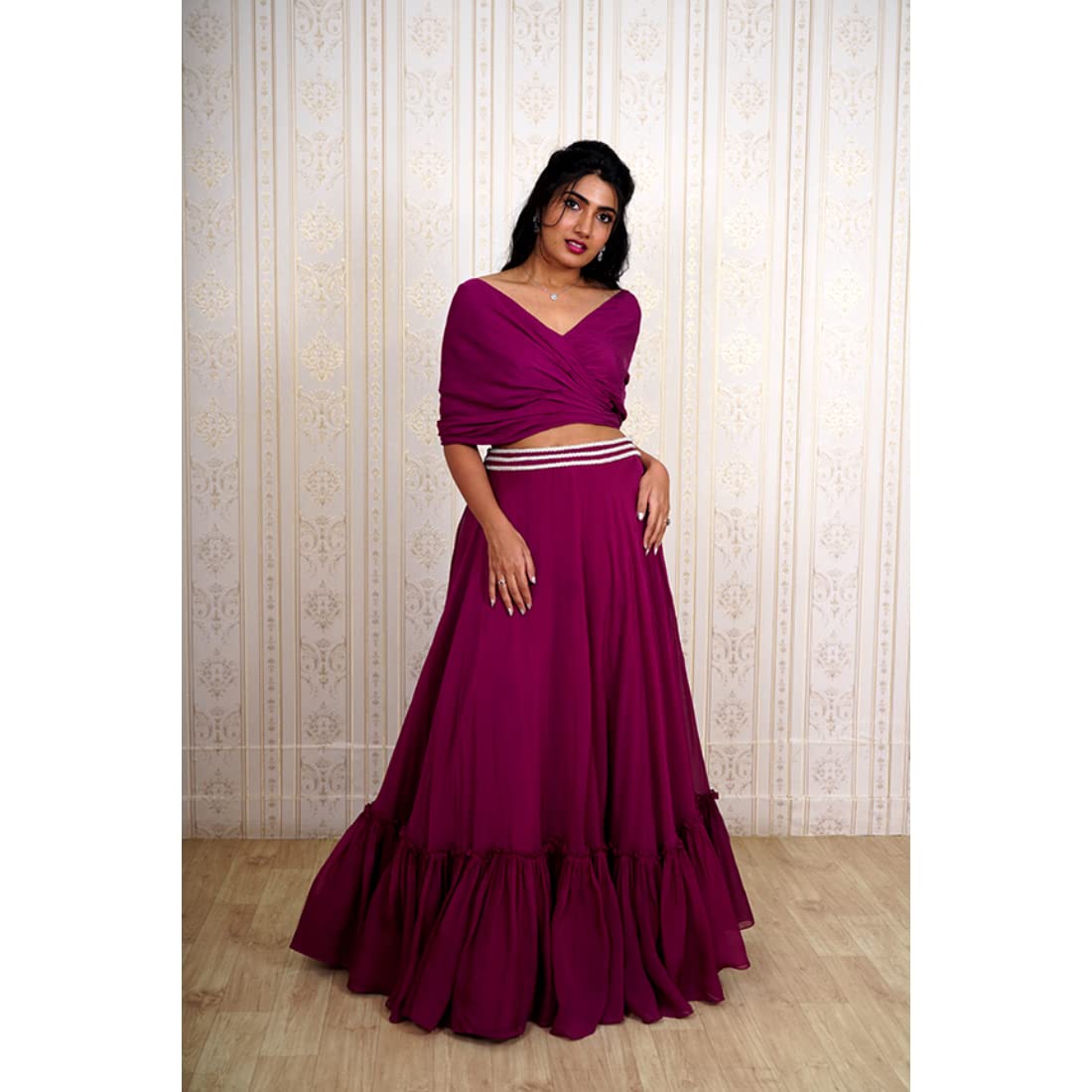 Avy's Label Lining Cotton Magenta Pink Drape Blouse and Ruffle Lehenga Machine Embroidery Work (Magenta Pink, 40)