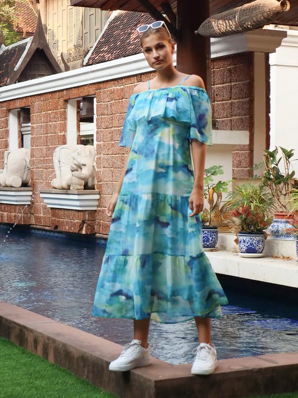 Zink London Women's Blue Abstract Flared Maxi Dress