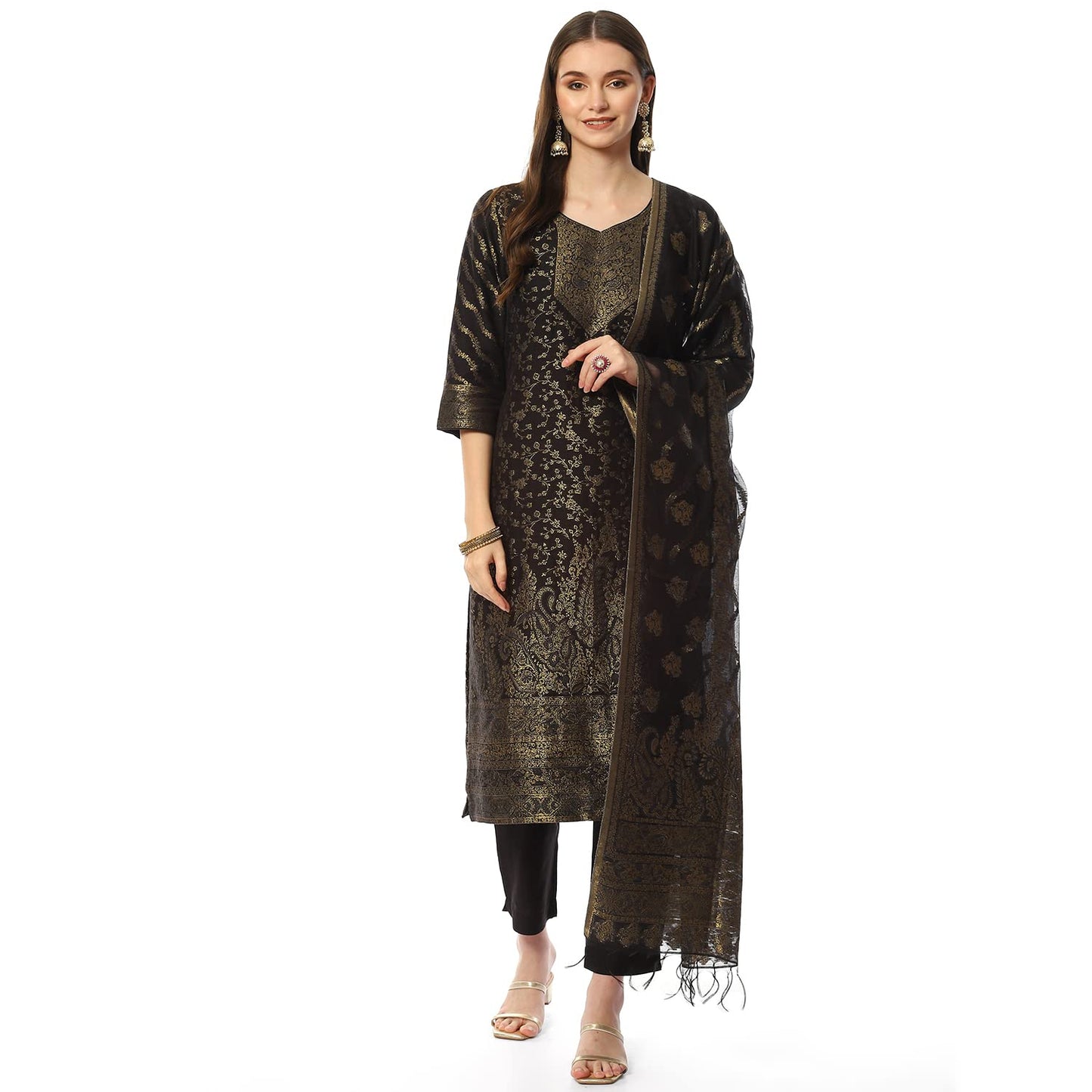 BIBA WOMEN YARNDYED NARROW SALWAR KURTA DUPATTA(SKDASSORTED8387_BLACK_38)