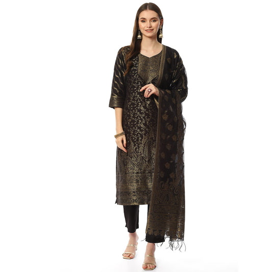 BIBA WOMEN YARNDYED NARROW SALWAR KURTA DUPATTA(SKDASSORTED8387_BLACK_38)