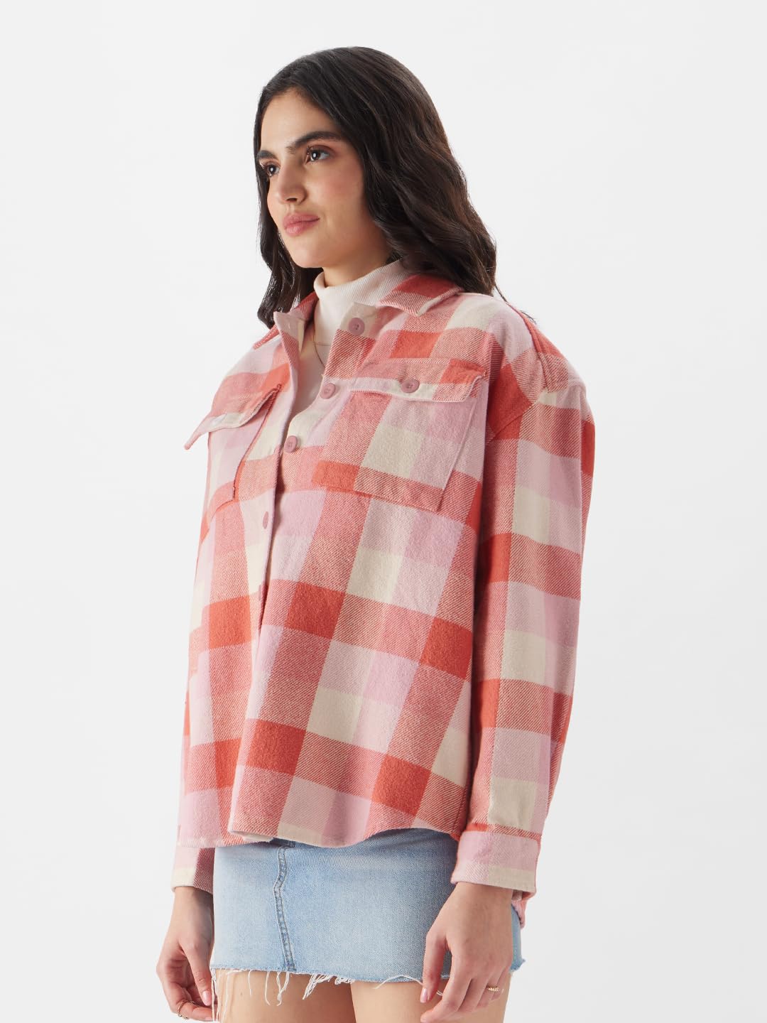 The Souled Store TSS Originals: Fairy Rose Women Shackets Shackets Casual Plaid Oversized Quilted Winter Flannel Sherpa-Lined Stylish Fashion Trendy Classic Checkered Cozy Button-Up Utility