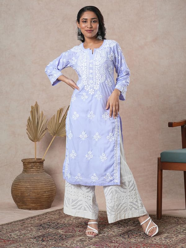 Ada Hand Embroidered Lucknowi Chikankari Cotton Kurta Kurti Tunic for Women A411700 Mauve (2XL)