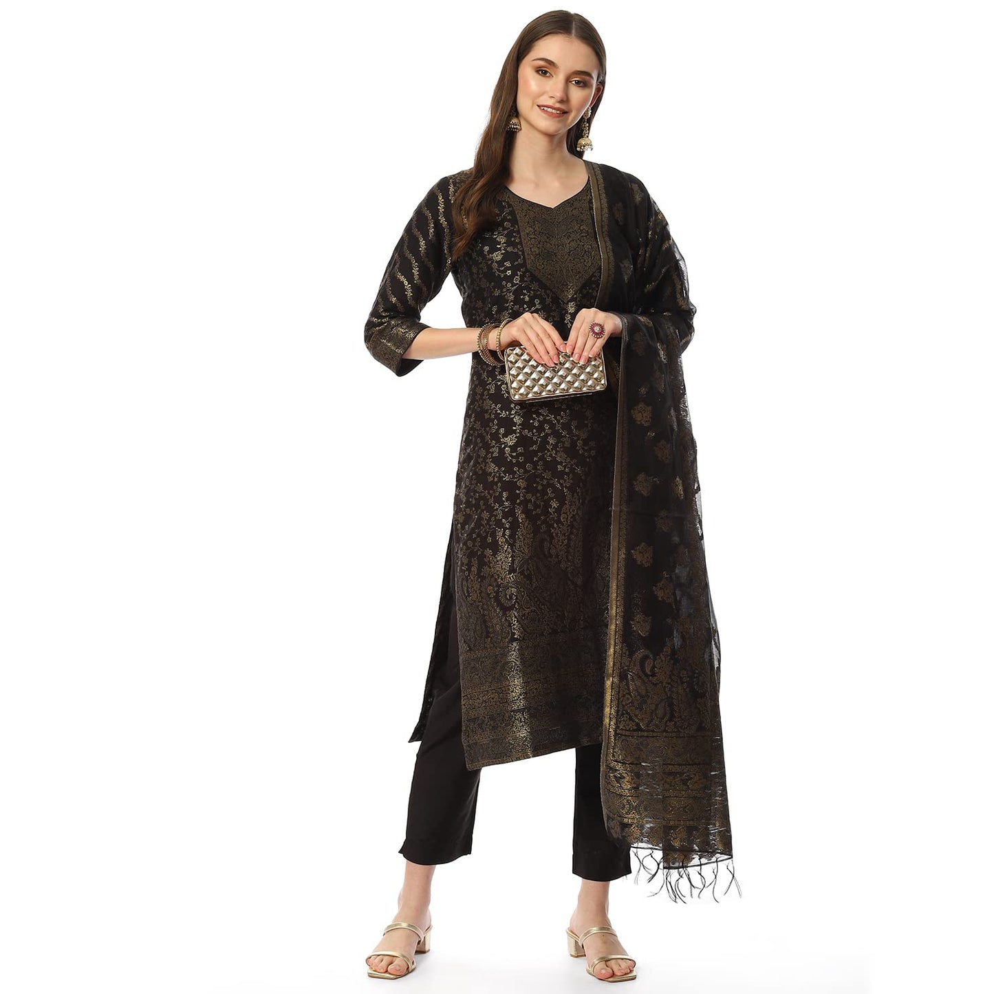 BIBA WOMEN YARNDYED NARROW SALWAR KURTA DUPATTA(SKDASSORTED8387_BLACK_38)