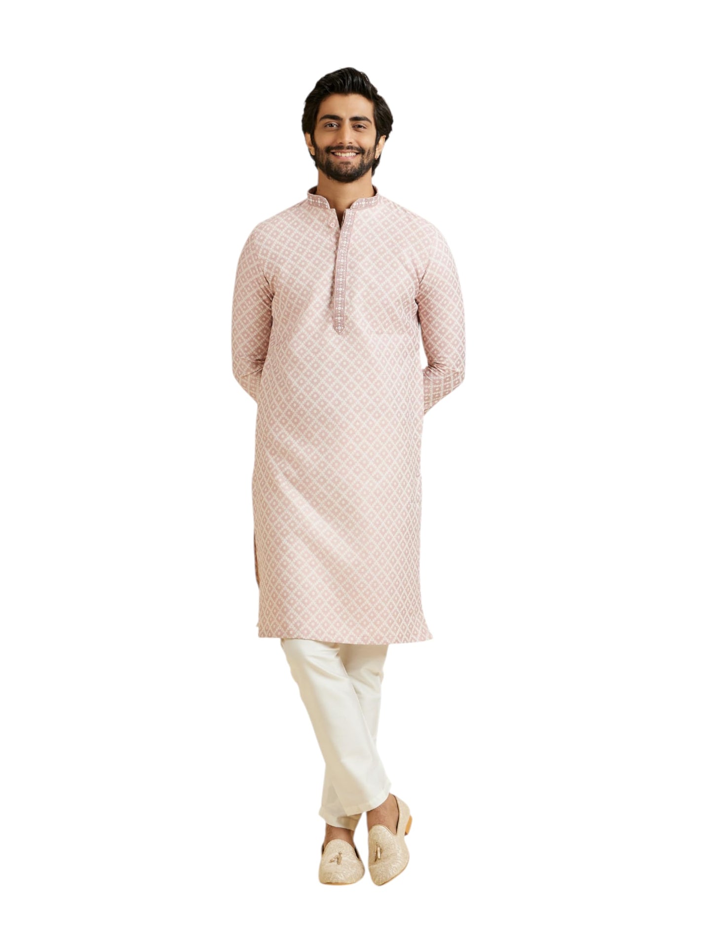 Manyavar Men's Art Silk Jacquard Embroidered Kurta Pyjama Set (Pink,L)