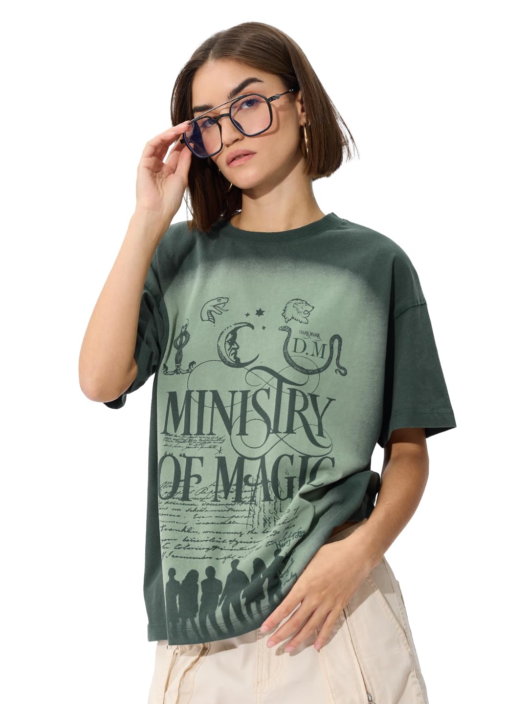 The Souled Store Official Harry Potter Originals: Ministry of Magic Women and Girls Short Sleeve Round Neck Black Graphic Printed Cotton Oversized T-Shirts