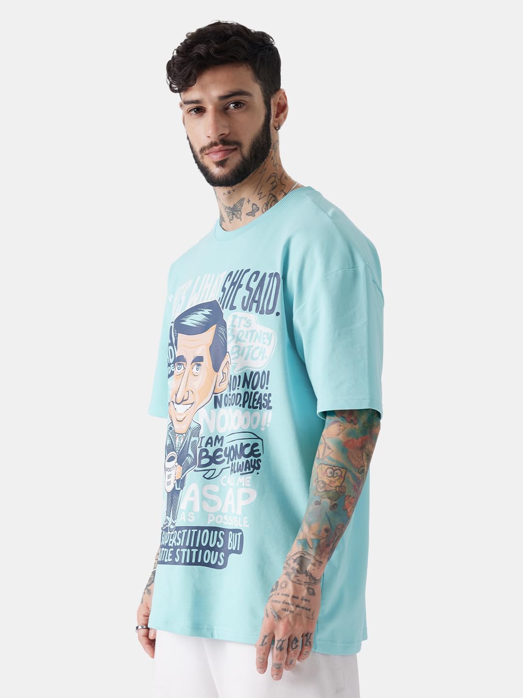 The Souled Store Official The Office: Michael Scott Men and Boys Oversized fit Graphic Printed Half Sleeve Cotton Sky Blue Color Men Oversized T-Shirts