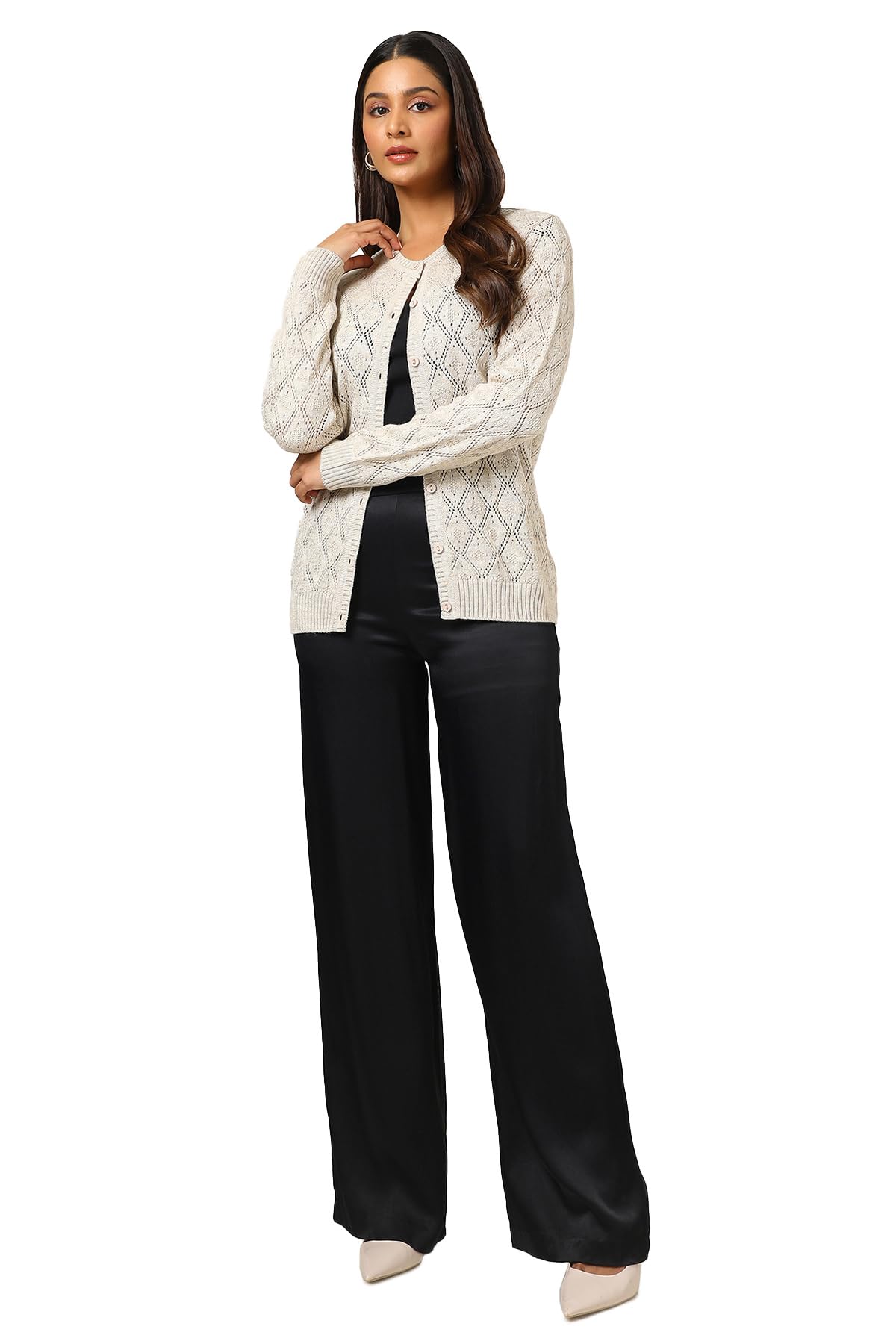 Soch Women's Acrylic Round Neck Cardigan (WW-CWA4OW72022_Off White