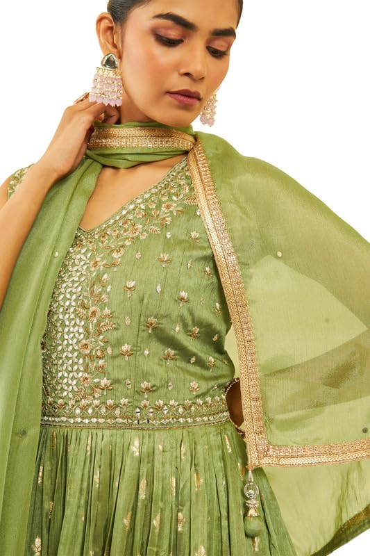 Soch Womens Green Organza Woven Design Ethnic Gown with Mirrors