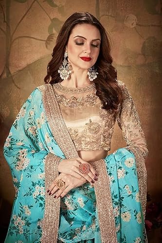 Zeel Clothing Women's Sky Blue Floral Printed Organza Semi-Stitched Lehenga Choli with Dupatta (7027-SkyBlue-Wedding-Bridal-Lehenga-New,Free Size)