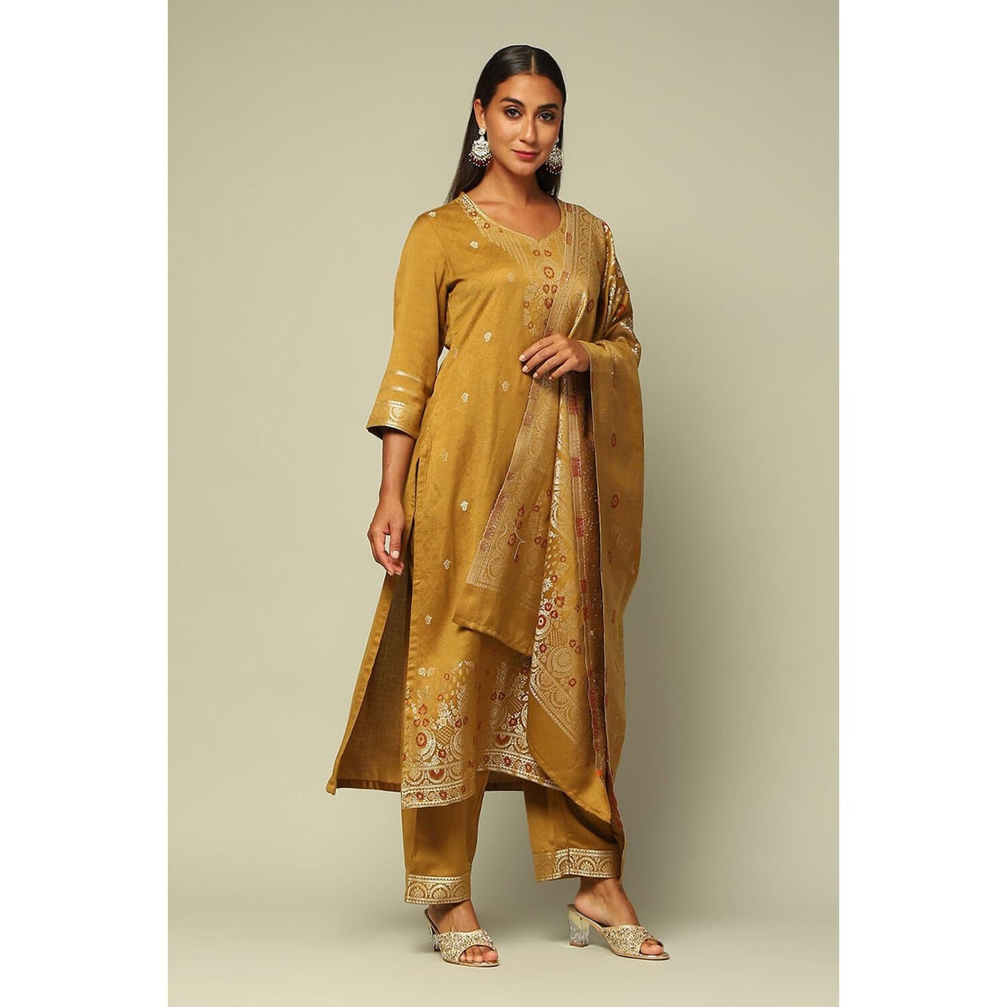 Rangriti Women's Acrylic Kurta Set (WNTRWR19626AW24MUSTYEL_Mustard