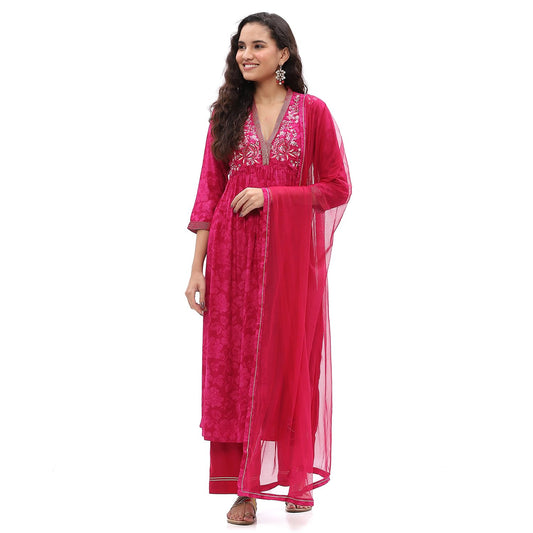 BIBA Women's Rayon Kurta Sets (SKDASRT10215AW24FUS_Fuchsia