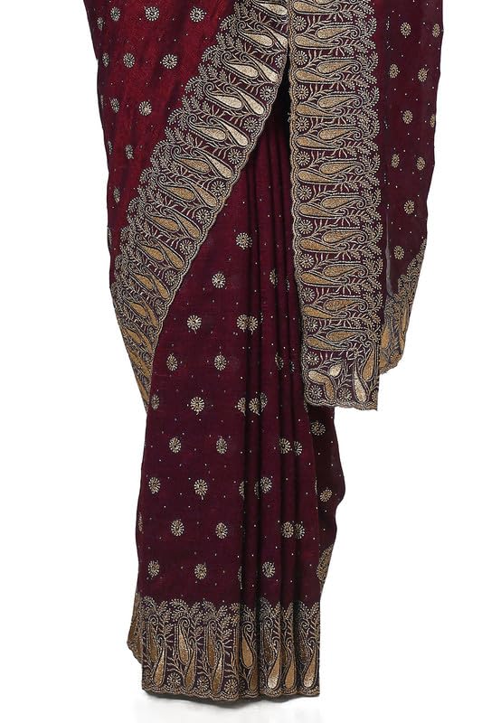 Soch Womens Maroon Tussar Embroidered Saree With Stone Work