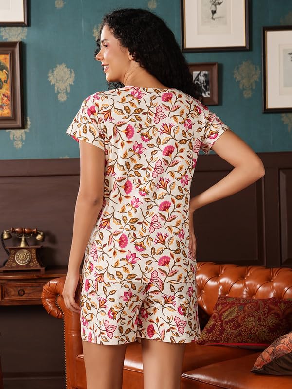 Clovia Women's Cotton Nightwear Set – Abstract Print T-Shirt & Shorts | Sleepwear Lounge Set (LS0111B18_White_S)