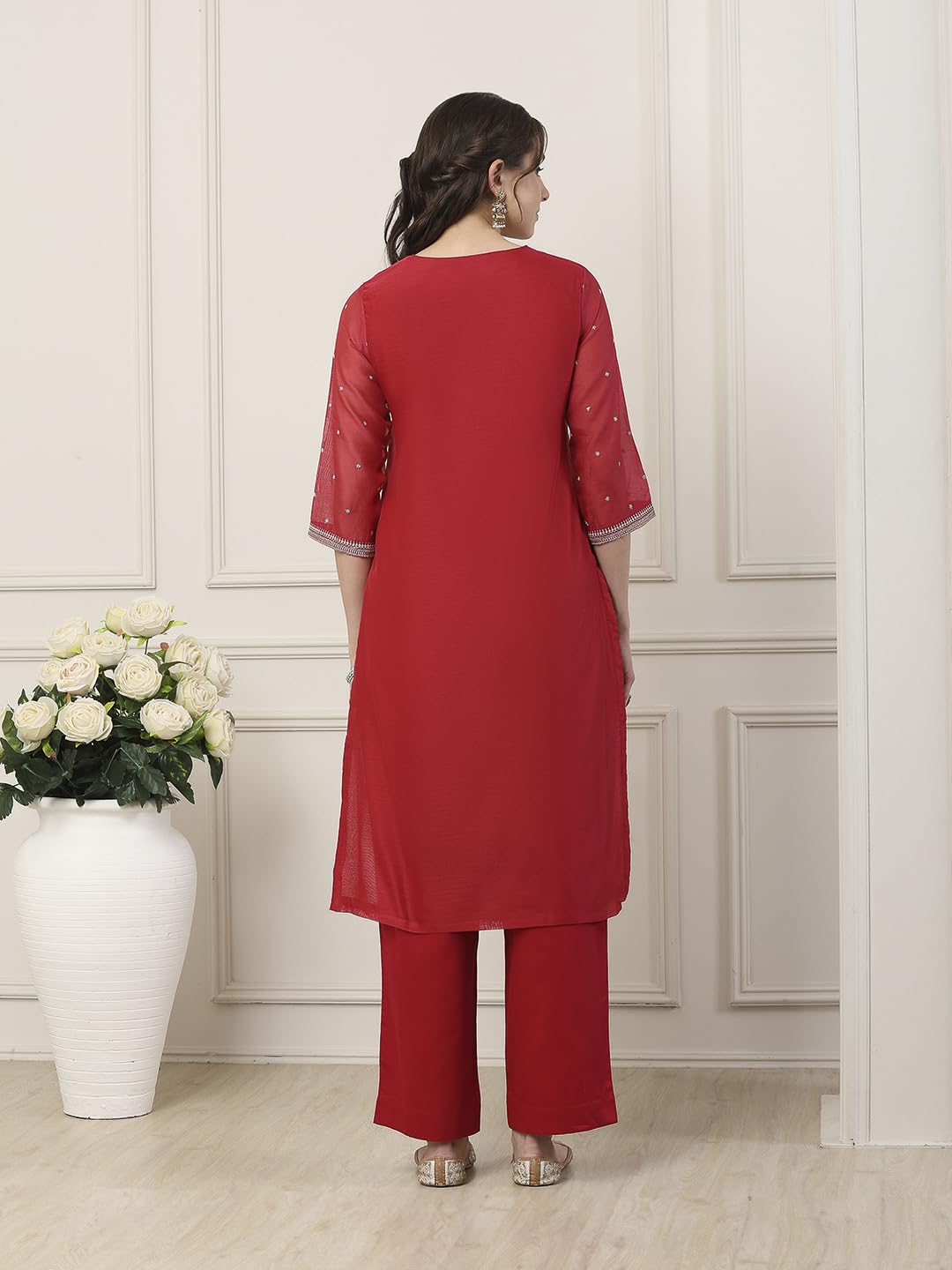 Biba Women Red Poly Chanderi Straight Suit Set_32