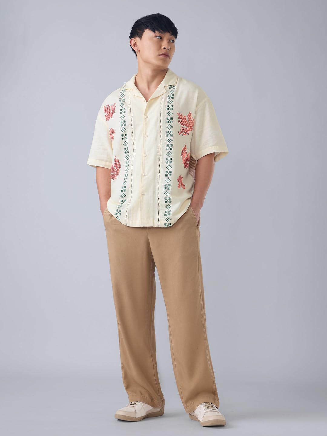 The Souled Store: Autumn Men and Boys Short Sleeve Cuban Collar Off White Printed Casual Drop Shoulder Streetwear Cotton Oversized Shirts