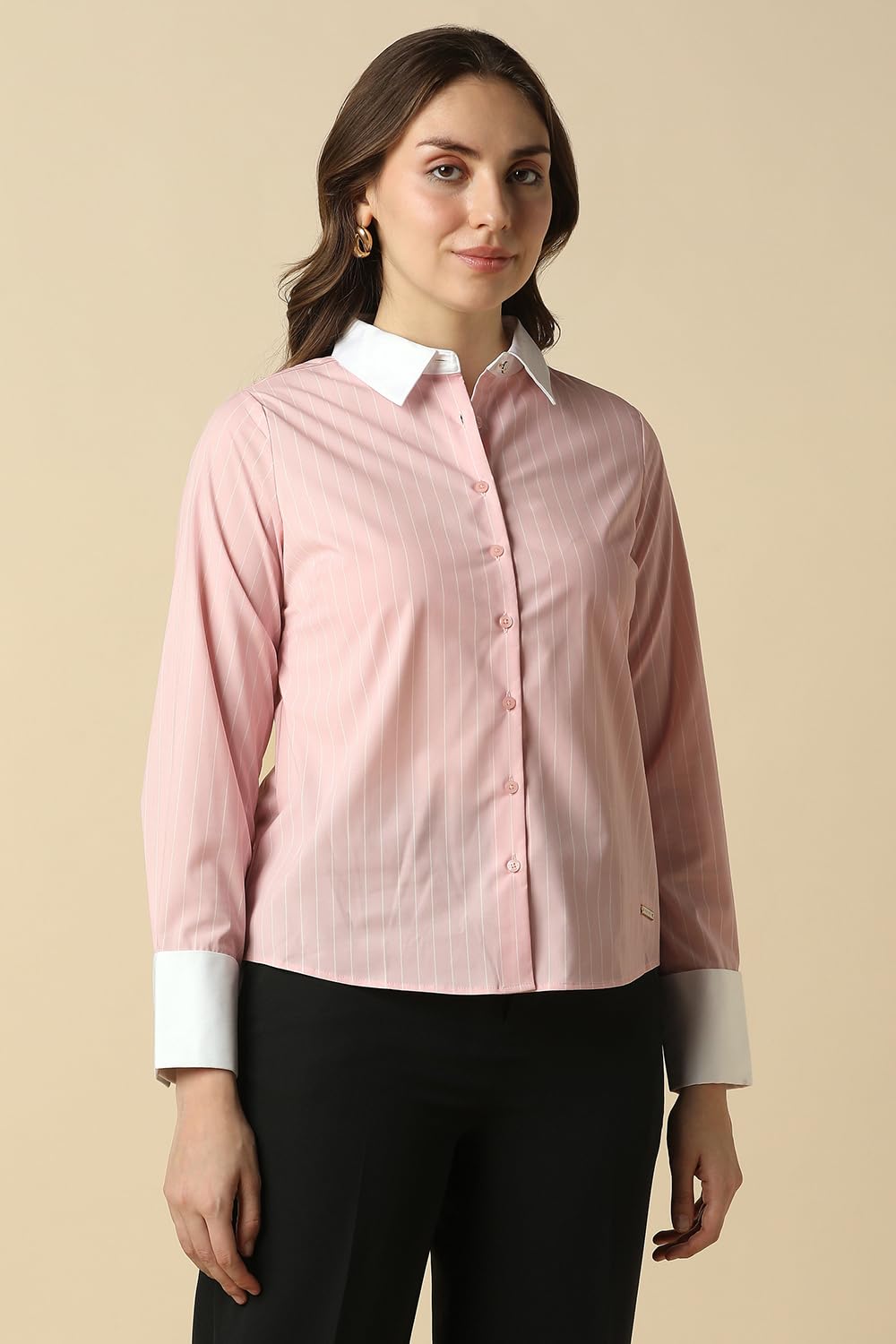 Women Pink Stripe Long Sleeves Shirt