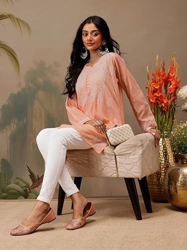 Ada Hand Embroidered Peach Cotton Short Kurta Kurti Lucknow Chikankari Top Tunic for Women A911465 (XL)