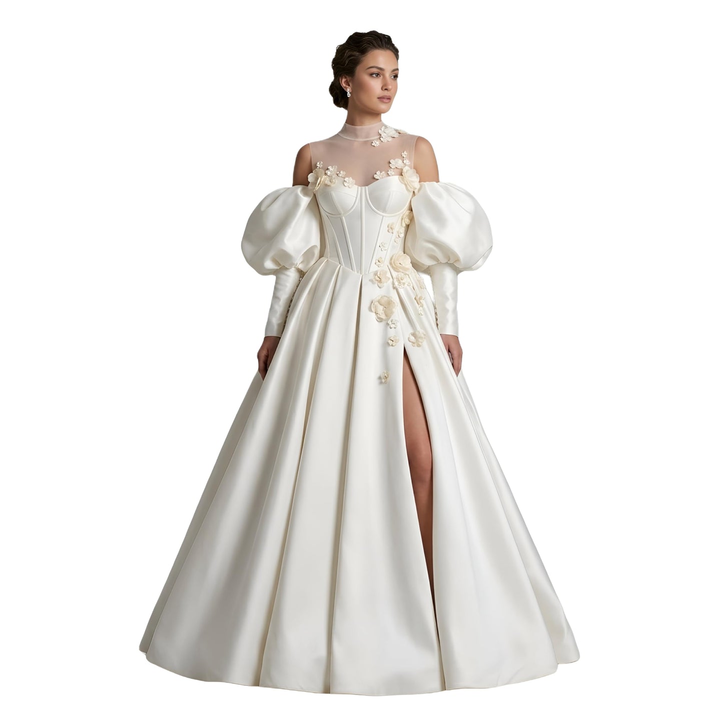 ThreadTexture Women's Avant-Garde Illusion High Neck 3D Floral Appliques Off-the-Shoulder Puff Sleeves High Slit Wedding Gown White (in, Alpha, S, Regular, White, Designer Shivay)