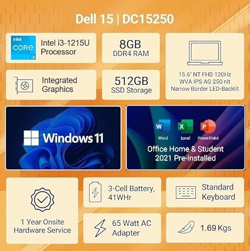 Dell 15 (Previously Inspiron) Laptop, 14th Gen Intel Core 3 100U Processor, 8GB DDR4, 512 SSD, 15.6" NT FHD 120Hz IPS AG 250 nit Display, Win 11 + Office H&S 2024, Carbon Black, Thin & Light- 1.63Kg