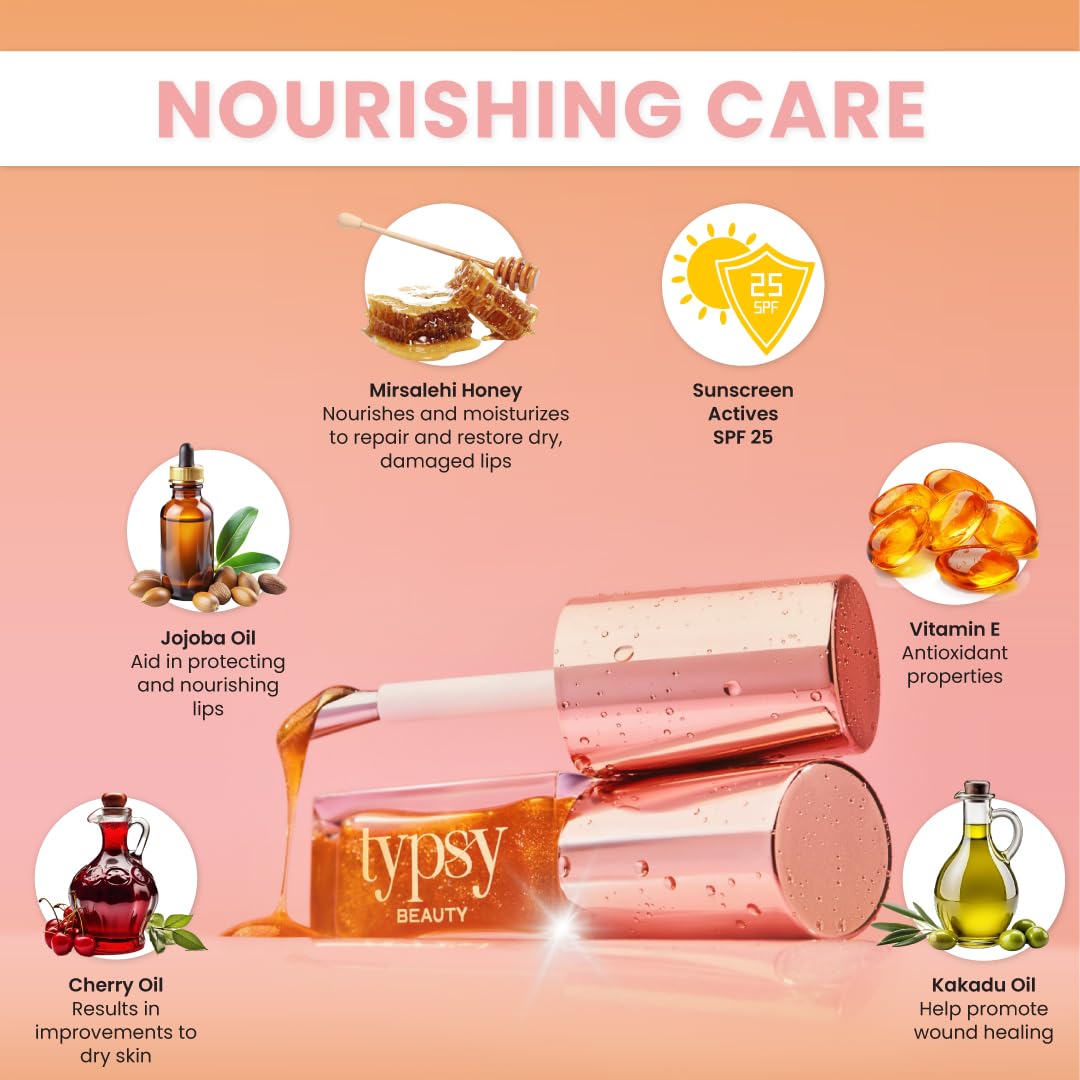 Typsy Beauty Hi Honey! SPF 25 Lip Oil| 7ml|Gloss like shine Enriched with Mirsalehi Honey & Vitamin E,PA+++ High UVA Protection |Zero Taste| Protects chapped lips with Metal Cooling Applicator