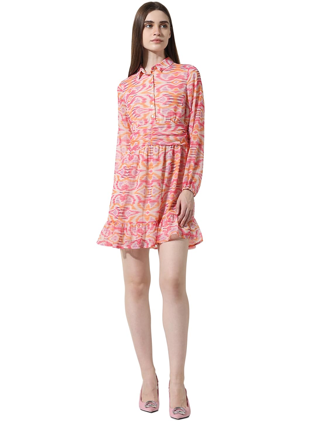 ONLY Women Printed Polyester Above Knee Pink Shirt Dress