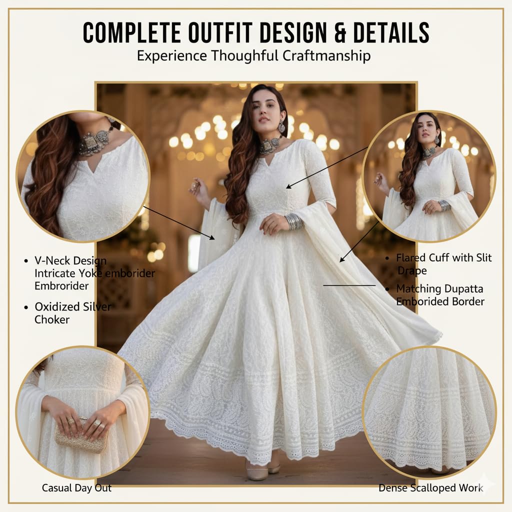 KURTARI Elegant White Embroidered Anarkali Gown with Dupatta | Size - XXL | Full-Length Flared Ethnic Chickankari Dress for Wedding & Party | Premium Georgette with Intricate Lace Work