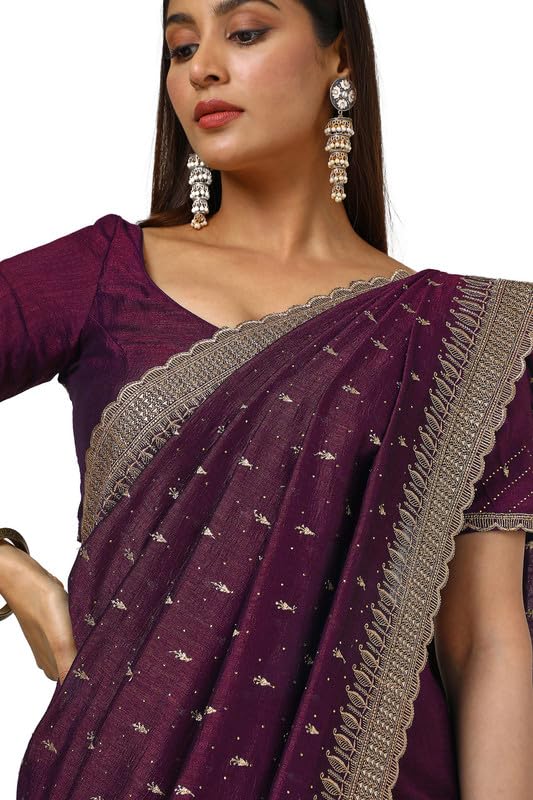 Soch Womens Wine Tussar Embroidered Saree With Stone Work