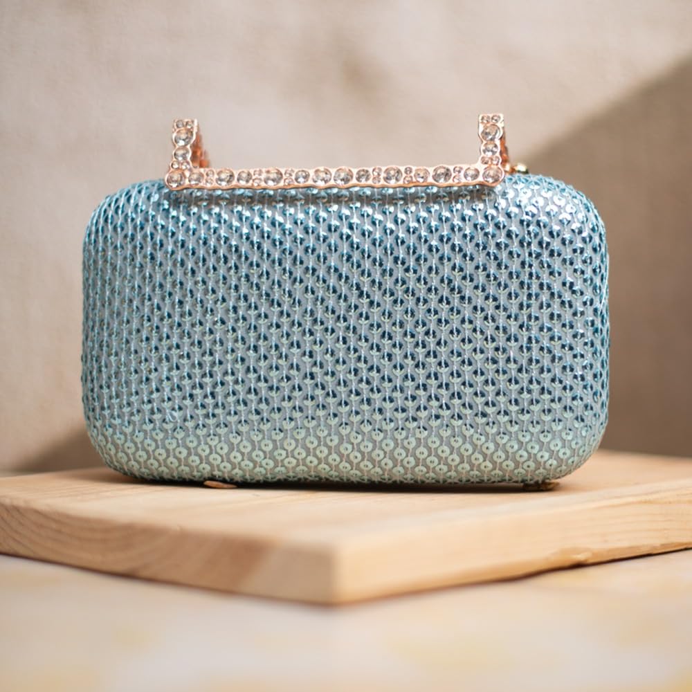 Artklim Blue Shimmery Fabric Party Clutch Bag For Women
