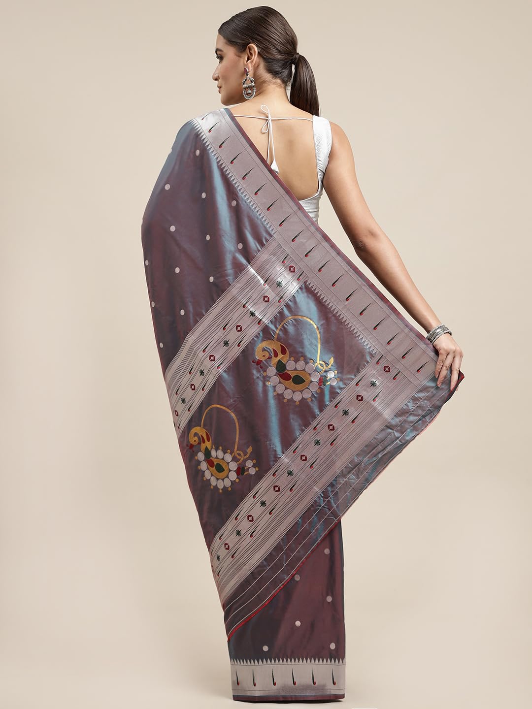 AMIRAT Women's Paithani Pure silk saree With Woven Silver Zari And Emboss Blouse Piece (Teal)