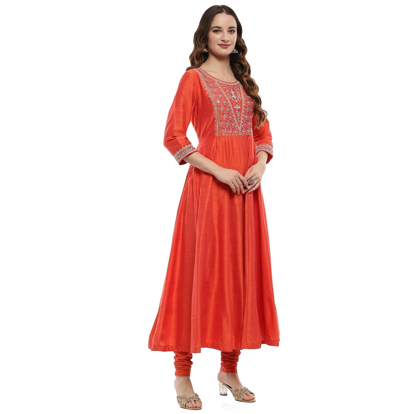 BIBA Women's Orange Polyester Blend Anarkali Suit Set (SKDTGLDWE9622AW24ORG