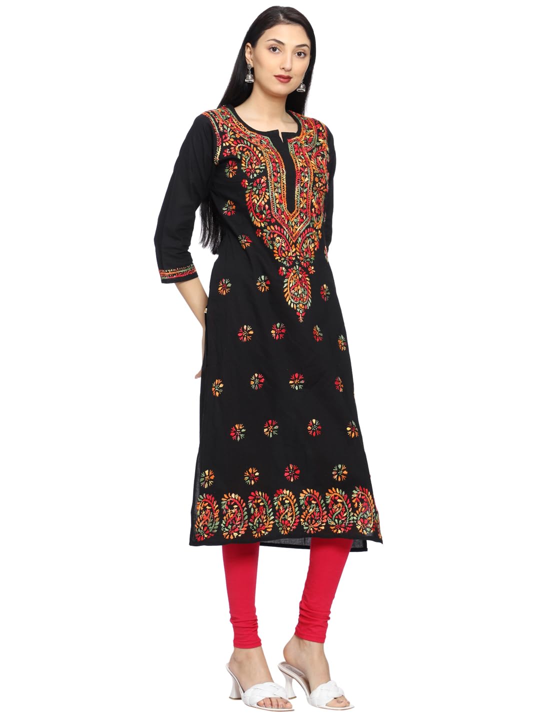 Ada Lucknowi Chikankari Hand Embroidered Straight Cotton Kurta Kurti Tunic for Women A188048 (Medium, Black)