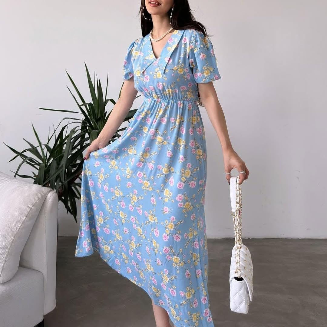 Pimu Rayon Fit and Flare Below The Knee One Piece Dresses for Women | Dress (in, Alpha, XL, Regular, Toddler Girls, Blue)