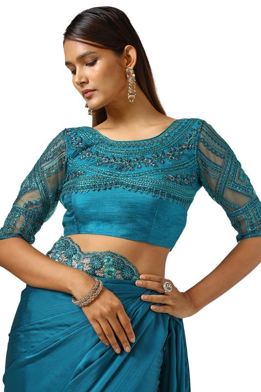 Soch Womens Teal Chiffon Embroidered Saree With Sequins