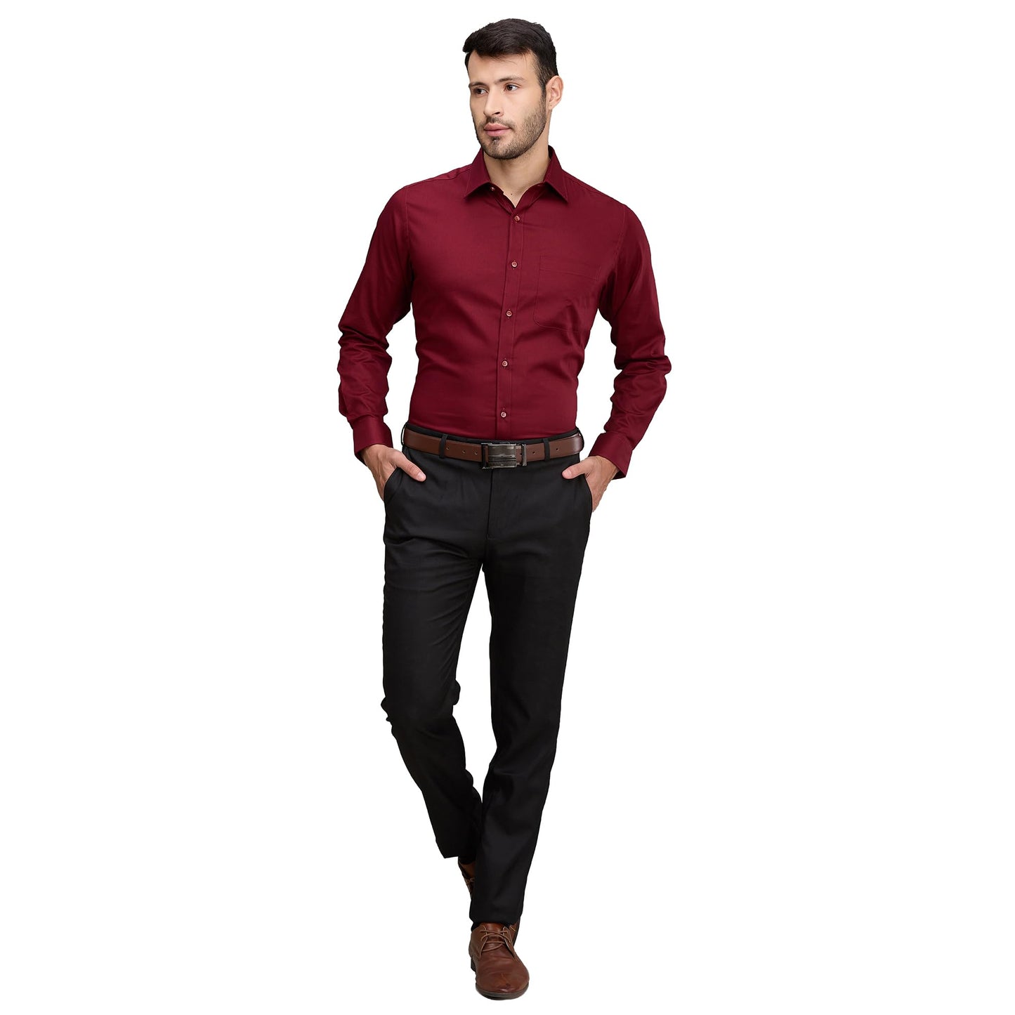 Raymond Men's Slim Fit Solid Pattern Pure Cotton Full Sleeve Semi Cut Away Collar Formal Shirt (Size: 42)-RMSX12982-R7 Dark Red