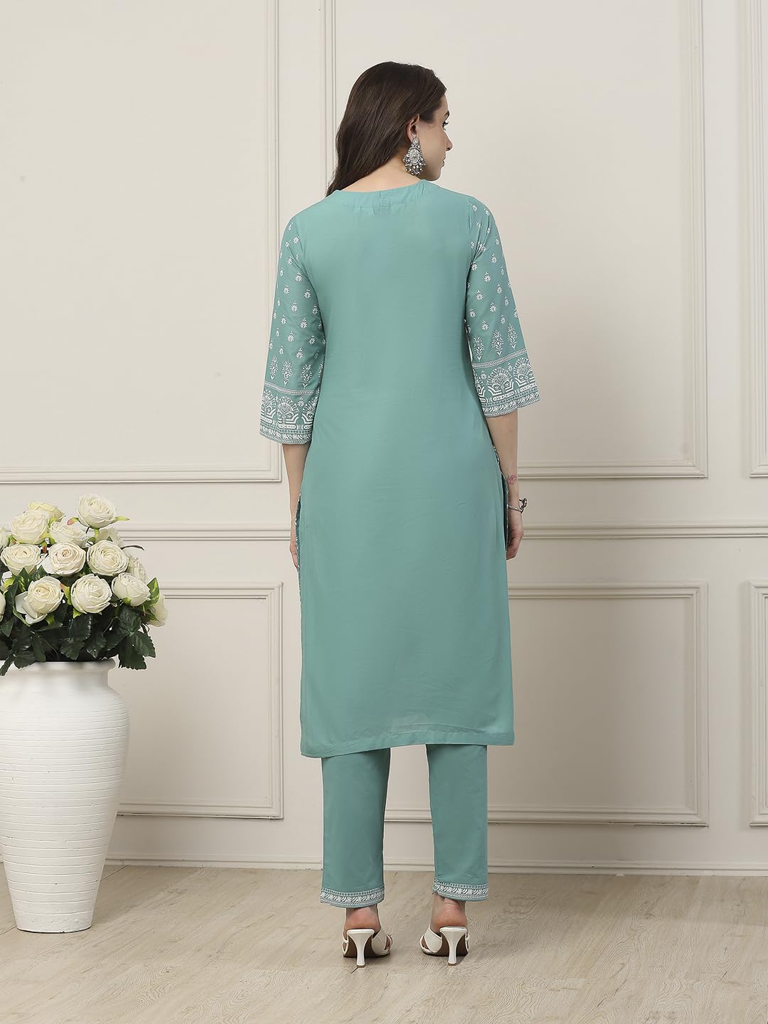 Biba Women Turquoise Cotton Straight Suit Set_32