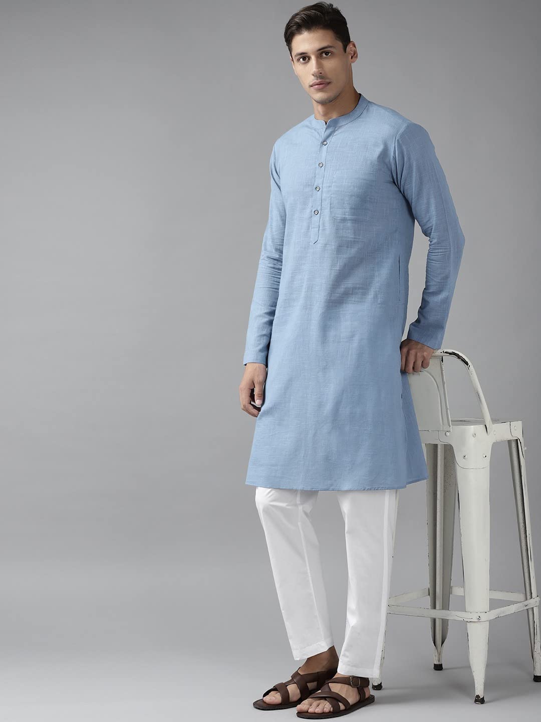 See Designs Mens - Specially Crafted And Designed for the Eid Festival Men Blue Cotton Printed Straight Slub Effect Kurta Set With Pyjama - Sdkt102101L (Large) - SDKT102101L