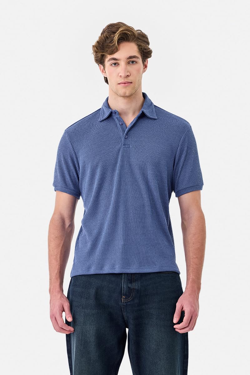 SNITCH Men's T-Shirt | Ribbed Texture Polo Neck & Half Sleeve | Breathable Polyester Blend Stretch Fabric, Regular Fit for Versatile Casual Wear & Everyday Style | Blue