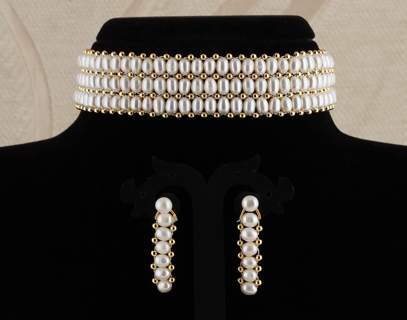 HYDERABAD JEWELS Hyderabad Jewels Real Natural Fresh Water Oval Pearls Choker Set For Women Girls With Certificate (TRIPLE LINE), Off-White (CKR267)