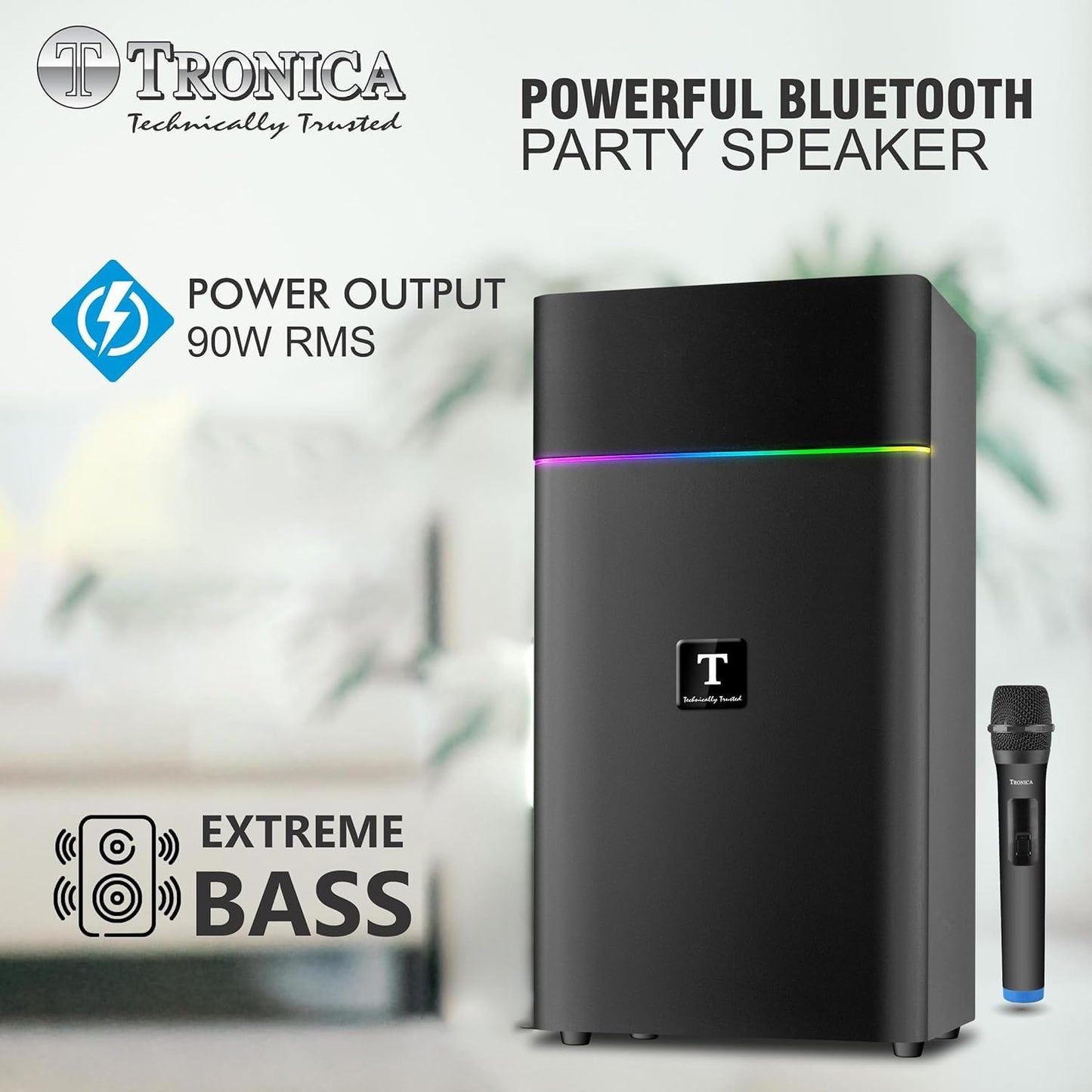 Tronica Boom Box Powerful 90W RMS Bluetooth Party Box Speaker Home Theater with High Powerfull Bass with Two Free mics (one Wireless & one Wired) USB,FM,Aux,Smart TV Support & Vivid Lights