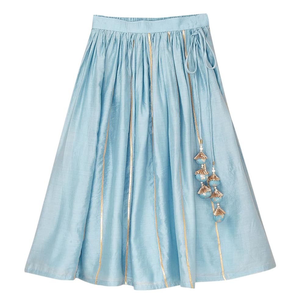 Hopscotch Girls Cotton Floral Print Readymade Lehenga Choli Ethnic Set With Dupatta In Blue Color For Ages 8-9 Years (Frh-4545687)