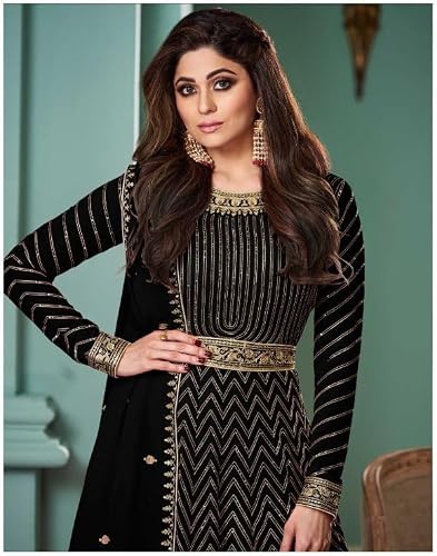 STEP N SHOP.COM Georgette Anarkali Gown with Dupatta Set, Embroidered, Wedding (ST06) (in, Alpha, S, Regular, Black)