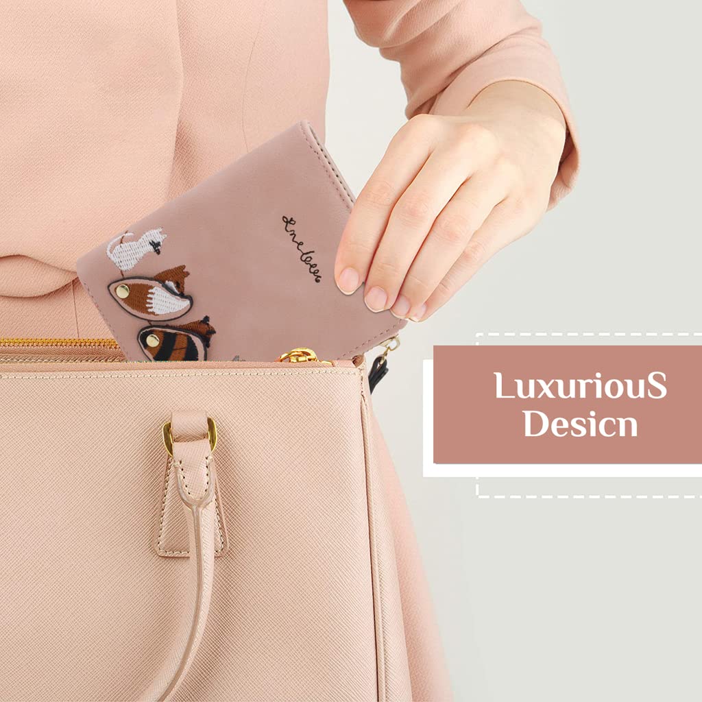PALAY® Wallets for Women Stylish PU Leather Coins Zipper Pocket Cute Mini Animals Embroidery Short Wallet Card Holder Billfold Purse Wallet Gift for Girls (Pink)