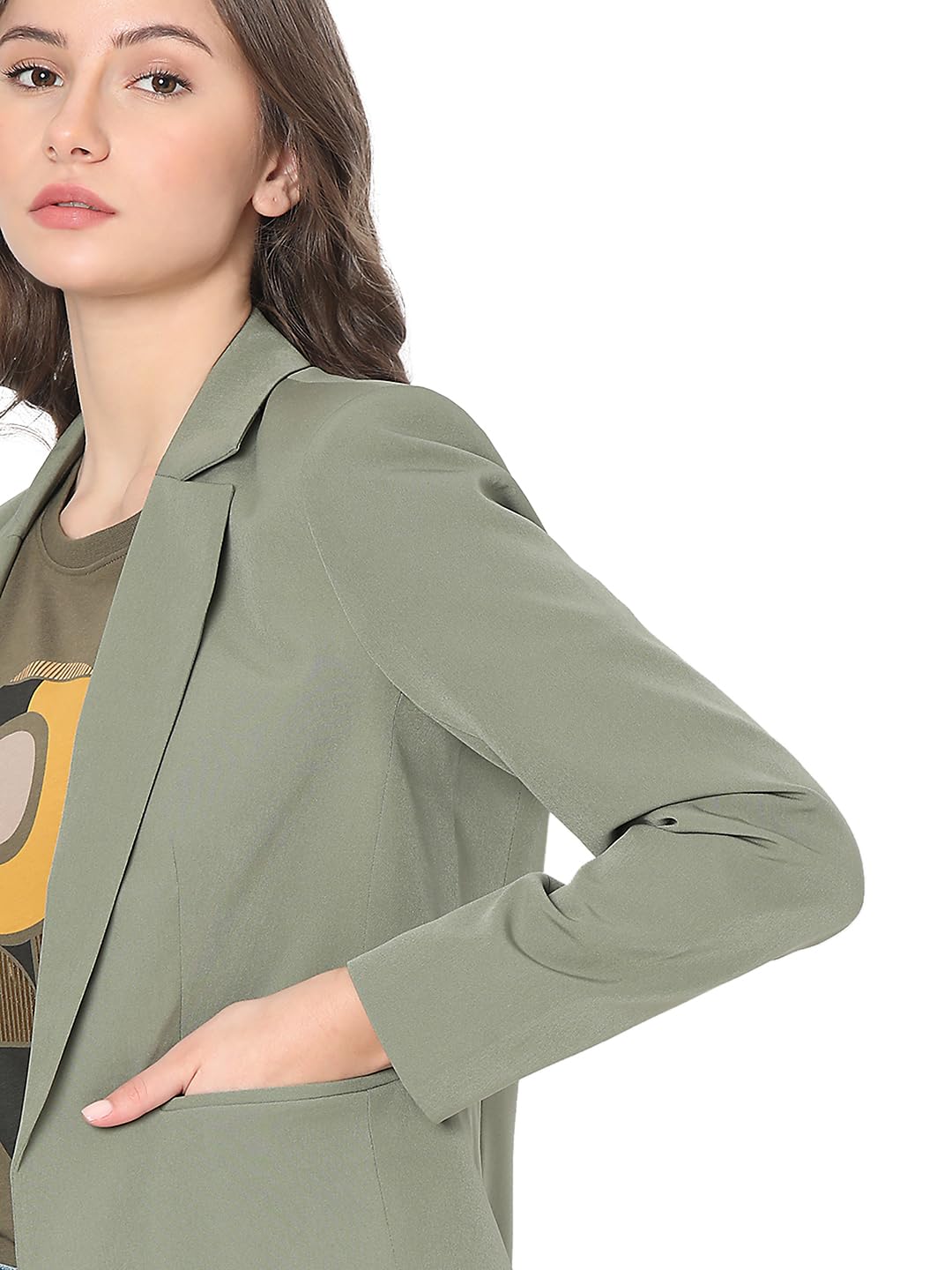 VERO MODA Women Solid Green Polyester Regular Fit Single Breasted Blazer